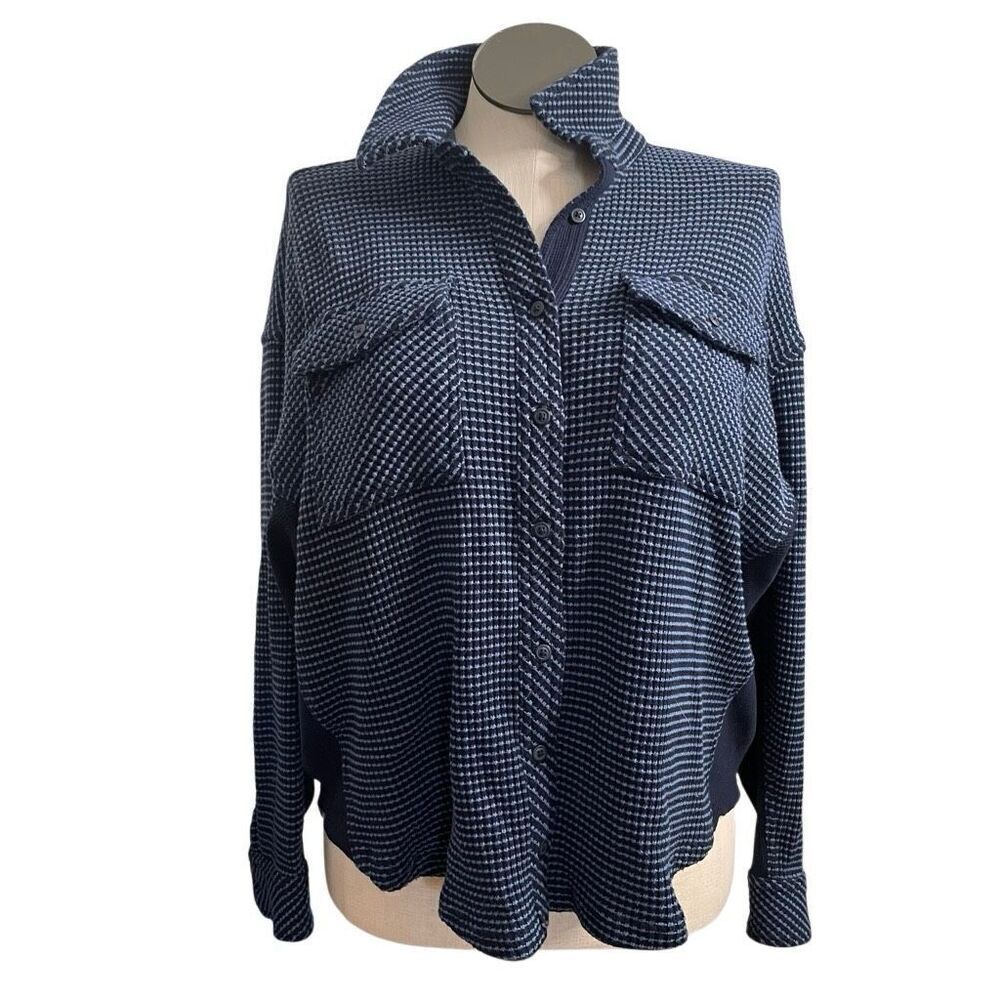 Aerie Womens LumberJane Waffleknit Button Up Shirt XS Navy Slouchy Oversized